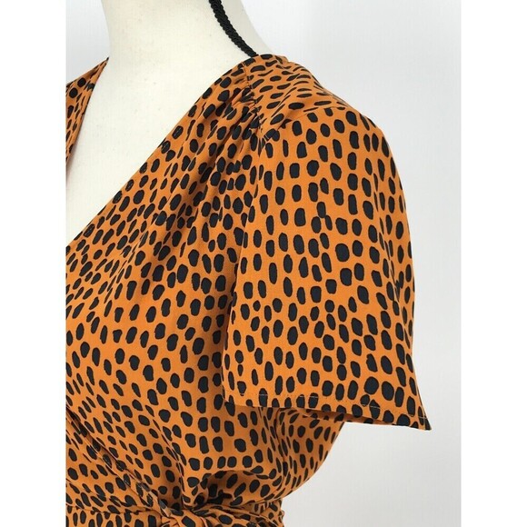 J.Crew Orange Black Spotted Drapey Twill Wrap Dress Sz 0 | Chic Short Sleeve - Picture 5 of 9